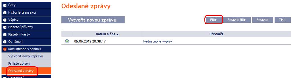 Automaticky se zobrazí seznam všech odeslaných zpráv viz dále bod 2.3. 2.3. Přehled zpráv odeslaných do Banky Seznam odeslaných zpráv lze zobrazit volbou Odeslané zprávy.