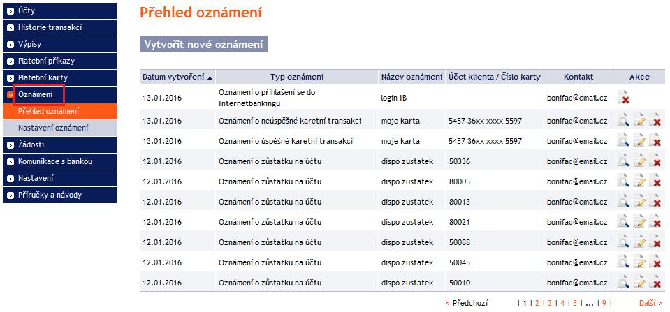 Vybraná zpráva pak bude smazána. 3. Oznámení o vybraných událostech Ve volbě Oznámení je možné nastavit zasílání oznámení o vybraných událostech.