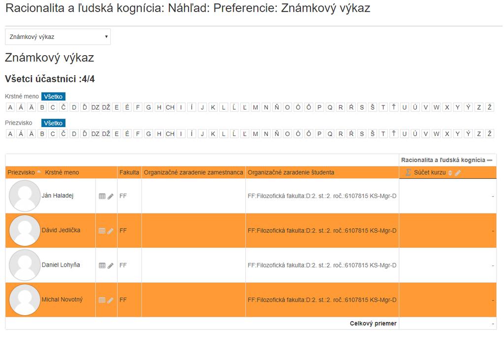 Pomocí rolovacího seznamu můžete měnit přehledy a provádět nastavení, exportovat výsledky apod. 2.