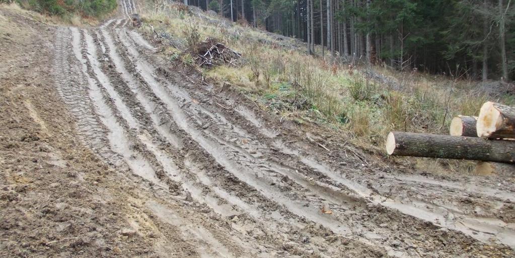 Výše uvedená tabulka znázorňuje rozsah poškození přibližovácí linky v daném případě nebyla linka (až na vznik koleje v závěrečném úseku linky) poškozována vznikem kolejí pojezdem traktoru, ale