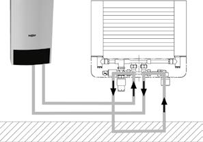 střed designového radiátoru přívod radiátoru zpátečka radiátoru přívod podlahového vytápění zpátečka podlahového vytápění Pozor: Veškeré připojovací trubky ve zdi musejí být izolovány podle vyhlášky