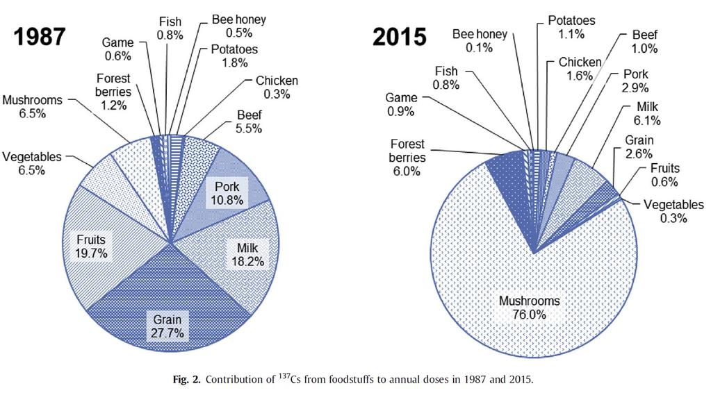 Relativní příspěvek jednotlivých komodit k celkové dávce z potravin ( 137 Cs) V současnosti 83 % z
