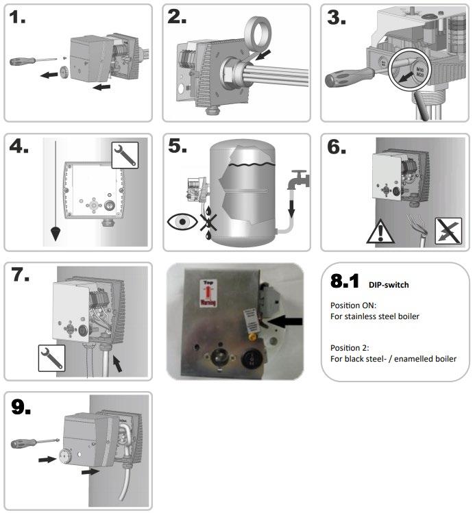 5) Instalace: Provozní údaje, použití, rozměry a model elektrického topného článku jsou uvedeny na typovém štítku výrobku, schématu elektrického zapojení, nebo v Návodu k použití.