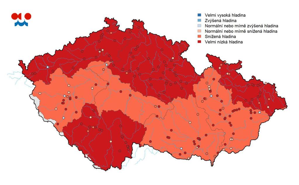 Tabulka: Stav hladiny v mělkých vrtech hodnocený dle pravděpodobnosti překročení v % objektů Povodí velmi nízká hladina snížená hladina hladina okolo normálu nebo mírně snížená hladina okolo normálu