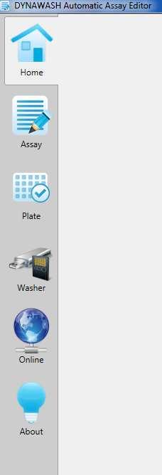 2. Washer Assay Editor Software 2.1. Navigační panel Navigační panel zobrazuje šest ikon pod sebou v levé části celého okna.