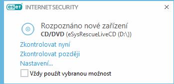 4.1.2 Výměnná média ESET Internet Security dokáže automaticky kontrolovat výměnná média (CD/DVD/USB/...) po jejich připojení/vložení do počítače.