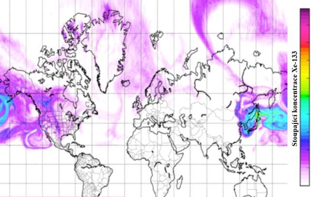 kontaminace, která byla v dubnu 2011 citlivými přístroji zaznamenána i v řadě evropských zemí. Obr. 5. Ilustrace pohybu jednoho z radionuklidů pocházejícího z Fukušimy, který postihl také Evropu.