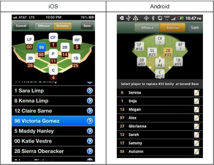 Střídání v iscore Střídání v obraně Na obrázku jsou zobrazeny prostředí pro střídání v ios a Android. Střídání se provádí velmi jednoduše.