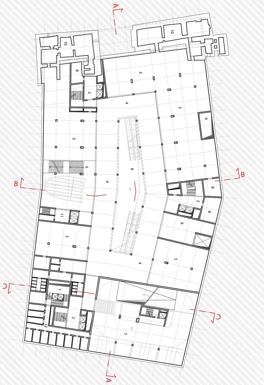 0 VZDUCHOTECHNIKA METRA 1 SCHODIŠTĚ - PŘÍSTUP BYTY 2 SCHODIŠTĚ - PŘÍSTUP KANCELÁŘE 3 PRONAJÍMATELNÁ OBCHODNÍ PLOCHA 4 PASÁŽ - ATRIUM 5 ODDĚLENÝ VESTIBUL METRA 6 ESKALÁTOROVÉ ATRIUM 7