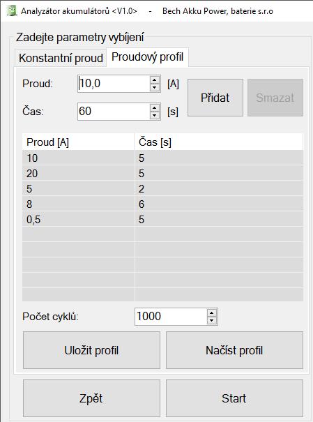 soubor typu *.ini. Tento soubor je možné za zálohovat například pro případ užití na jiném počítači. Obr 11. Příklad zadání proudového profilu Test akumulátoru je zpuštěn tlačítkem Start.