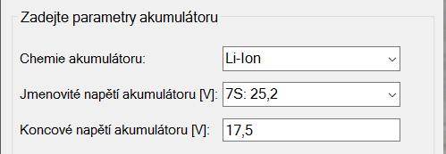 Dle zvoleného jmenovitého napětí akumulátoru je automaticky dopočítáno koncové napětí akumulátoru, tedy napětí, při kterém bude vybíjení ukončeno. POZOR!