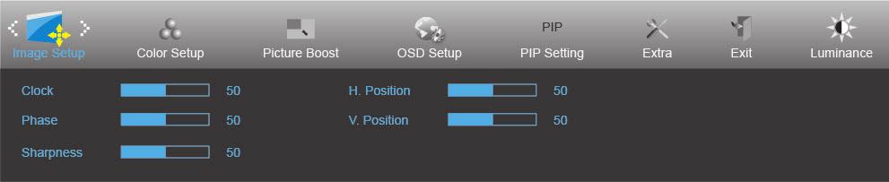 Image Setup (Nastavení obrazu) 1. Stisknutím MENU (NABÍDKA) zobrazte nabídku. 2. Stisknutím tlačítka nebo vyberte položku (Image Setup (Nastavení obrazu)) a stisknutím tlačítka MENU (NABÍDKA) vstupte.