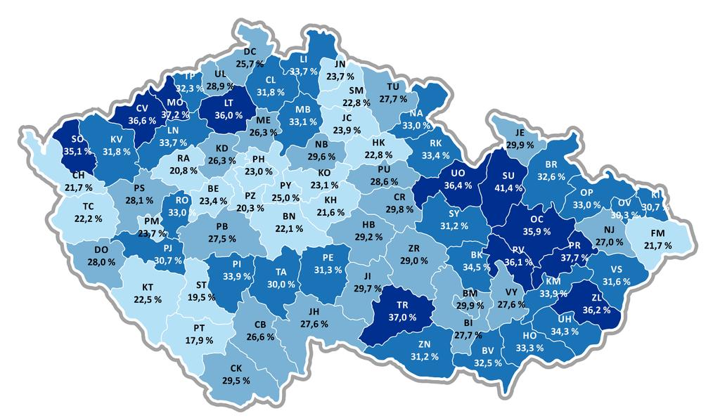 TOKS: pokrytí cílové populace v okresech TOKS negativní, TOKS pozitivní (15120; 15121) (2016 2017, věk 50+, N = 1 176 167) Zdroj dat: PZP