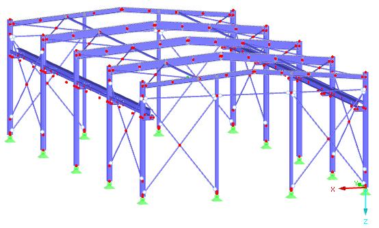 Obrázek 8: Model B RFEM celkový pohled Zatížení od střešní konstrukce je zde na rozdíl od modelu A zahrnuto v podobě osamělých břemen, které mají působiště v místě osazení vazniček (prostých nosníků)