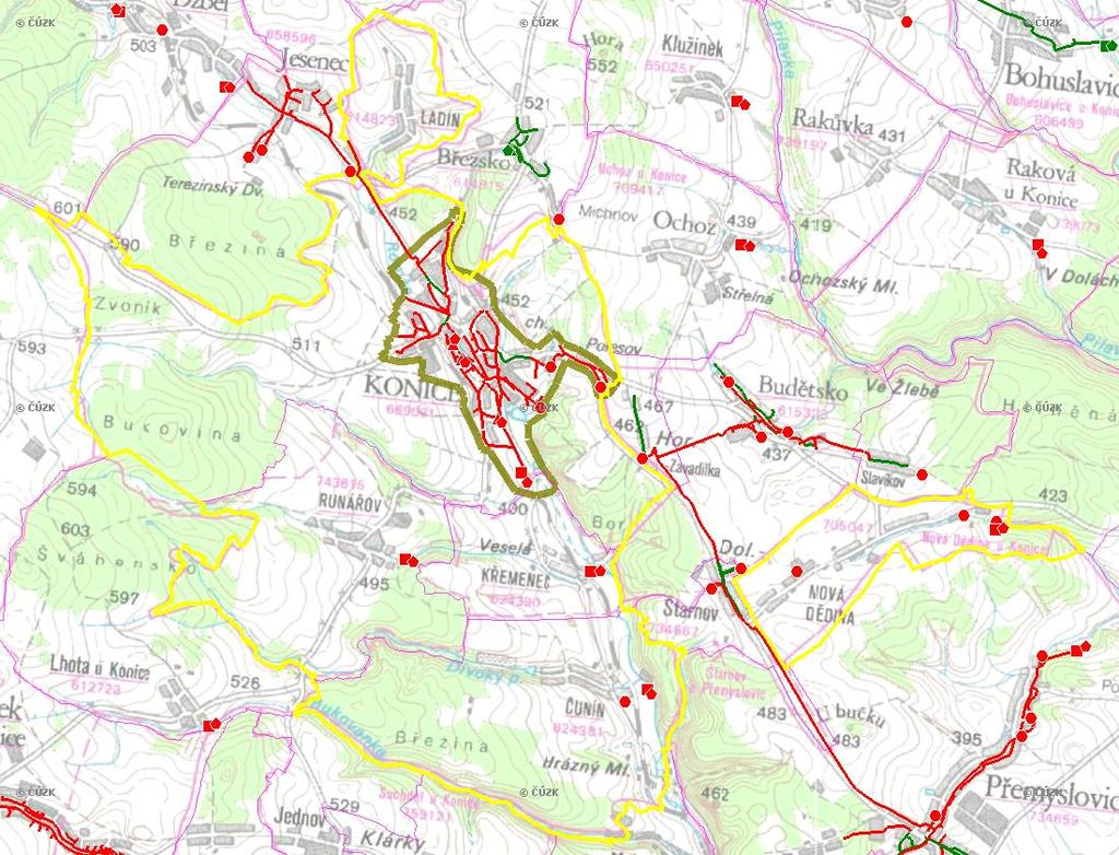 E. KANALIZACE A ČOV Mapa E1: Kanalizace - rozvody v obci Trasování sítí, lokalizace ČOV, čerpací stanice (ČS), výústě Obec: Konice Legenda: Kanalizace: Ochranné pásmo: Vyústění: do 2015 po 2015 I IA