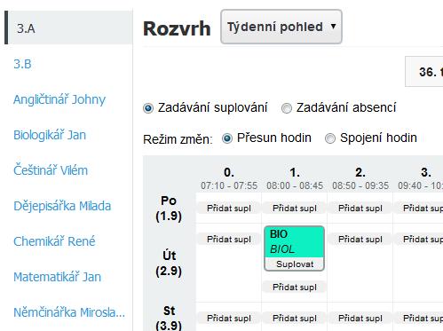 Kontrola nasazené hodiny v prohlížecím režimu Je vhodné průběžné nasazování hodin do rozvrhu křížově kontrolovat z pohledu různých objektů (tříd, vyučujících, případně zaplněnosti učeben).