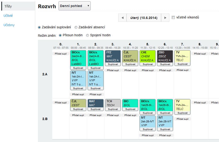 Denní a týdenní pohled na rozvrhy Po dokončení rozvrhu jej jednak můžete (jako Admin, či správce rozvrhu, např.