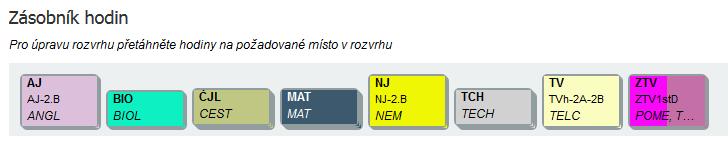 nasazených hodin v rozvrhu a jednotlivých předmětů.