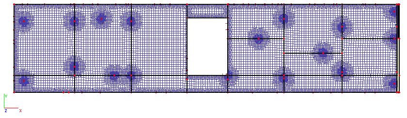 Obrázek 74 Síť MKP Krycí vrstva stropní desky byla spočítána v úvodu práce a je 25 mm. 5.2.1. Uložení schodiště 1 na stropní desku Na desce je kloubově přes akustický prvek uloženo schodiště 1.