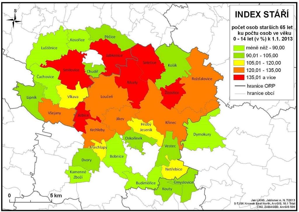 Mapa č. 7 Index stáří Zdroj: ČSÚ, vlastní zpracování Index stáří na území místní akční skupiny je značně rozkolísaný. V porovnání s celou ČR je podstatně nižší.