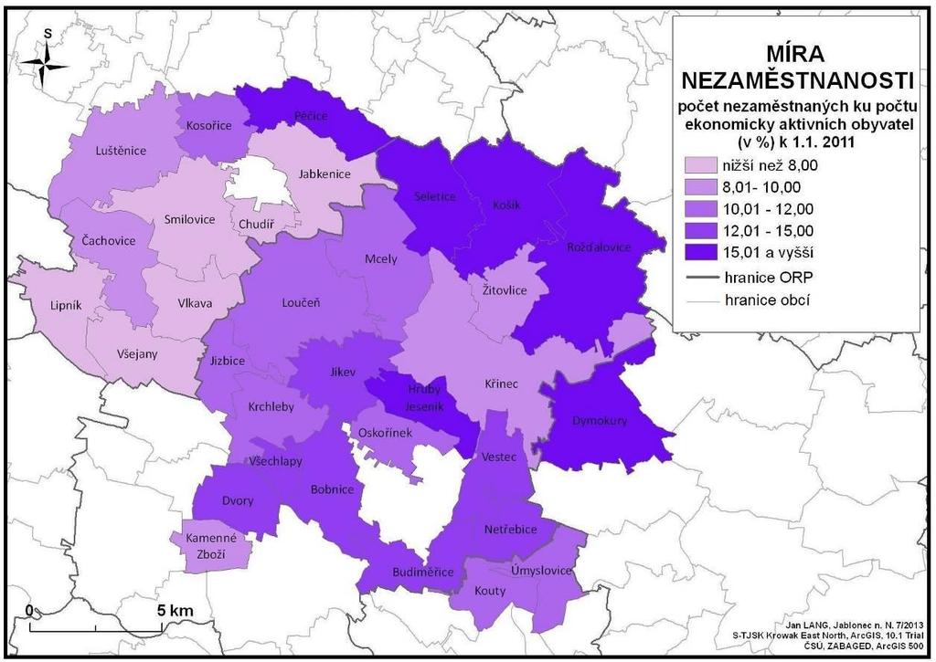 Mapa č. 8 Míra nezaměstnanosti Zdroj: MPSV, vlastní zpracování Graf č.