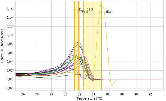 5.4.3 qpcr-hrm analýza s primery LAC1/LAC2 U každého vzorku byla provedena qpcr-hrm analýza s primery LAC1/LAC2 [42], použitý program qpcr je uveden v Tabulce 12, program pro HRMA je uveden v Tabulce