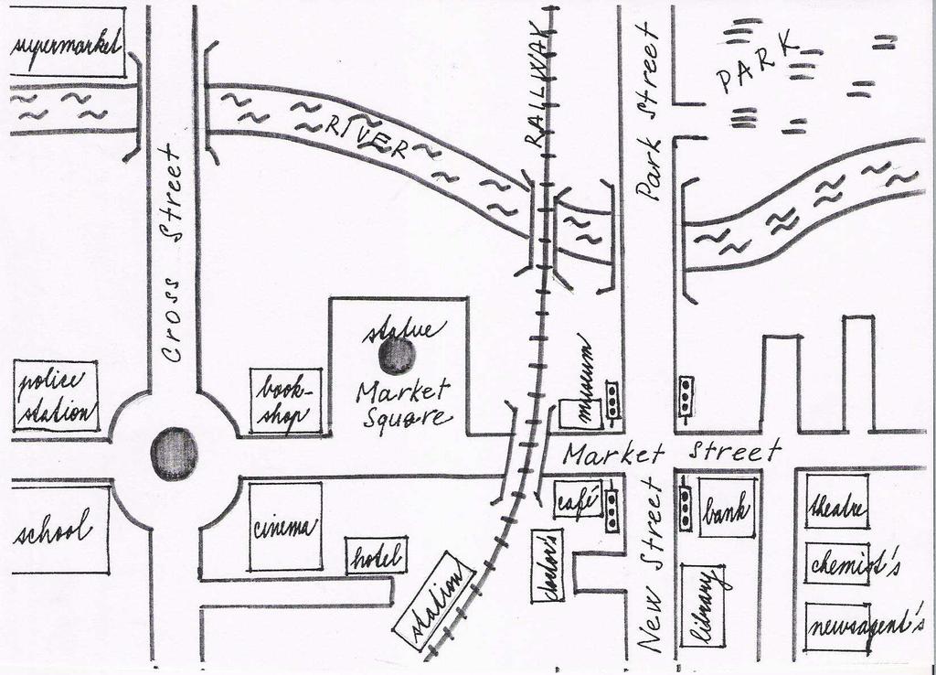 4.4. Draw a route on the map in exercise 4.3. and describe it with at least 10 different instructions 4.5. Translate into English 1. Běžte kolem supermarketu a potom kolem kruhového objezdu. 2.