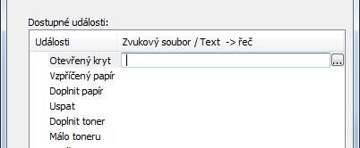 2 Událost, při které má být použita funkce převodu textu na řeč, vyberte v seznamu Dostupné události. 3 Klikněte do pole Zvukový soubor / Text -> řeč.