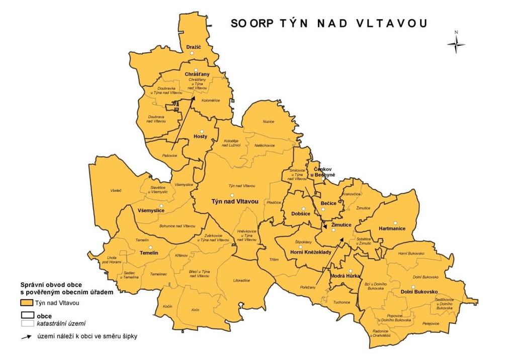 Mapa správního obvodu ORP Týn nad Vltavou členění dle polohy obcí Tabulka základních údajů o obcích mikroregionu Vltavotýnsko SO ORP Týn nad Vltavou katastrální výměra (ha) počet obyvatel z toho děti