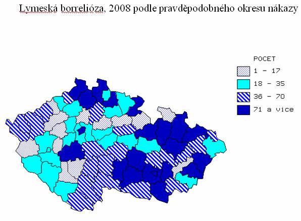 Mapa č. 1 Lymeská borelióza, 2008 podle pravděpodobného okresu nákazy 13.1.1 Faktory ovlivňující růst incidence LB Jedním z faktorů, který může mít velký vliv na incidenci LB, je množství zvířat, jež jsou rezervoárem pro přenos Bb.