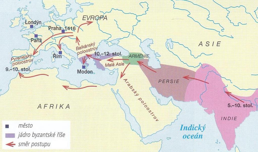 Úkol č. 14 Mapa představuje putování jednoho etnika ze své pravlasti do Evropy. A. Pojmenuj etnikum: B. Z mapy vyčti, kdy se lidé tohoto etnika dostali na území Byzantské říše (století): C.
