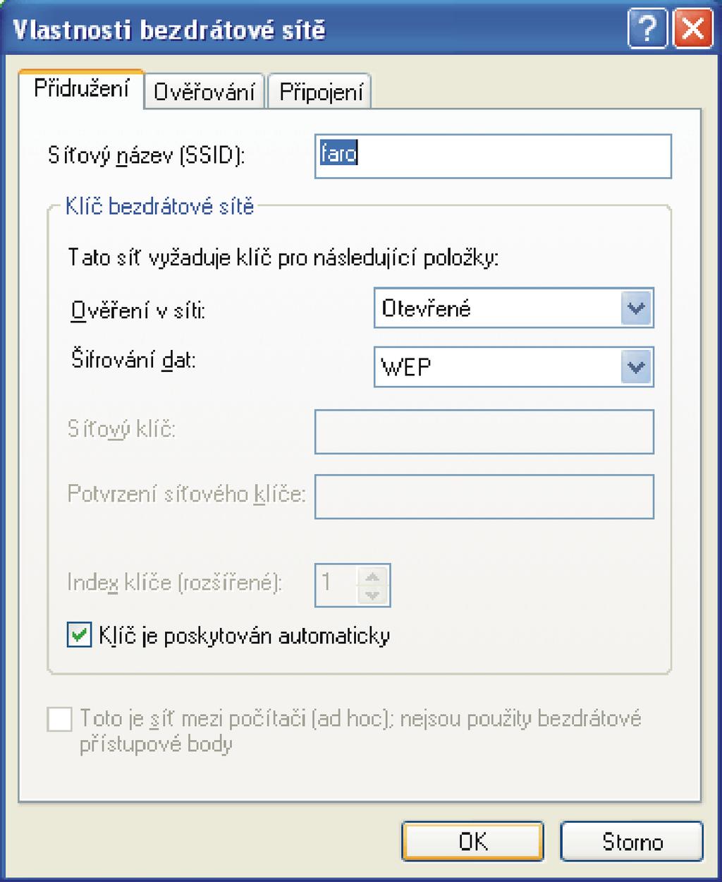 Pro jistotu ještě zkontrolujeme ve Vlastnostech bezdrátové sítě (obr. 28) správný název sítě faro a potvrdíme. Obr.