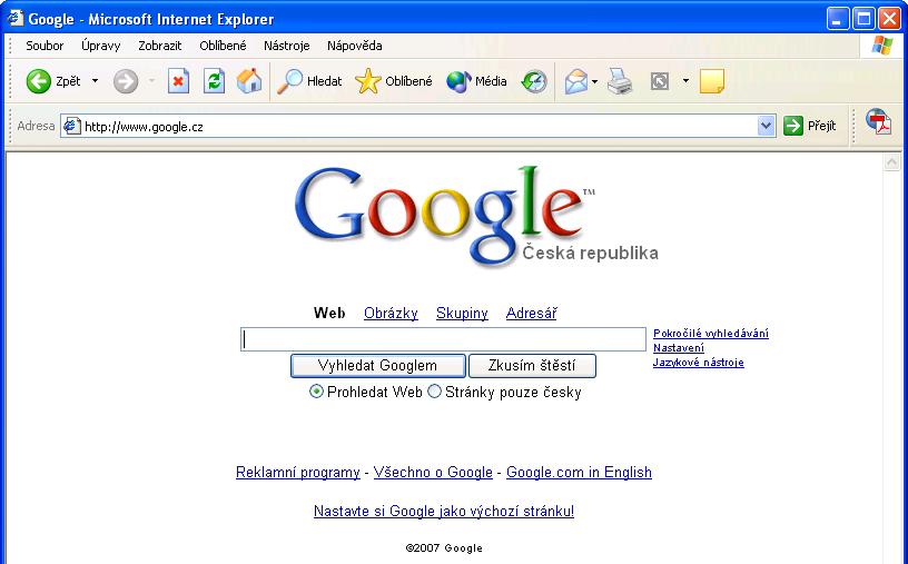 Internet Explorer apod.) a do adresního řádku vepsat URL jakékoliv WWW stránky v síti internet např. http://www.google.cz (obr. 33).