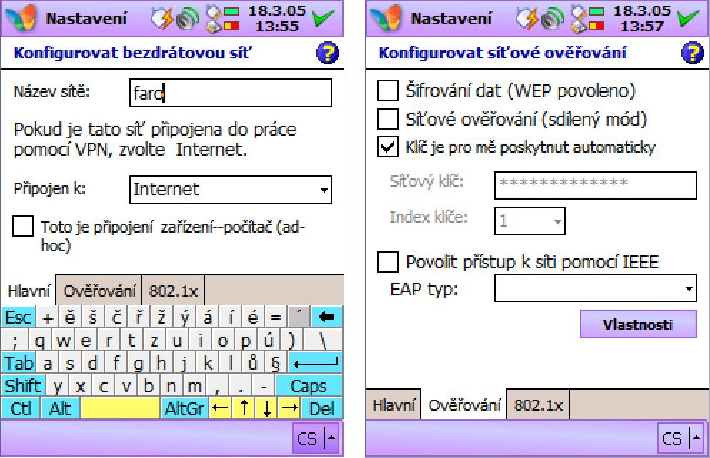 V tomto kroku musíme ručně přidat síť Faro, což představuje vepsání názvu faro do okna Název sítě a přepneme se na další záložku Ověřování, kde zaškrtneme položku Klíč je poskytnut automaticky (obr.