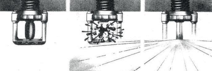 Obr. 3: Samočinné otevření sprinklerové hlavice (1) Do činnosti se uvedou pouze sprinklery v blízkosti požáru, tj. otevřou se ty, které se dostatečně zahřejí na požadovanou teplotu.