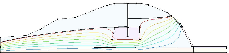 Obrázek 3.14 Profil 2 - průběh volné hladiny podzemní vody - 10m hluboký těsnící prvek - varianta 2C Obrázek 3.