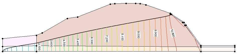 má průsaková křivka menší sklon než v případě varianty bez těsnícího prvku, Při uvážení variant bez těsnícího prvku (1B_K1) a variant s těsnícím prvkem (varianty 1C a 1D) vychází v místě bodu 1009