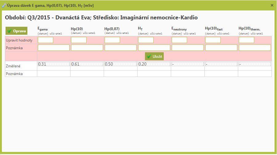 Výběr střediska Výběr druhu měření Výběr období Osobní dávky - tabulka Korekce naměřených hodnot Pokud není proveden výběr - zobrazí se všechna přiřazená střediska, OSL Provedené a korekce (např.