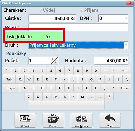 Tisk více kopií dokladu pokladní operace Nyní je možno nastavit tisk více kopií (až 9) dokladu pokladní operace.