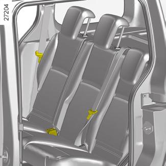 BEZPEČNOSTNÍ PÁSY (3/4) 7 Boční zadní bezpečnostní pásy Zajištění, odjištění a seřízení se provádí stejným způsobem jako u předních bezpečnostních pásů.