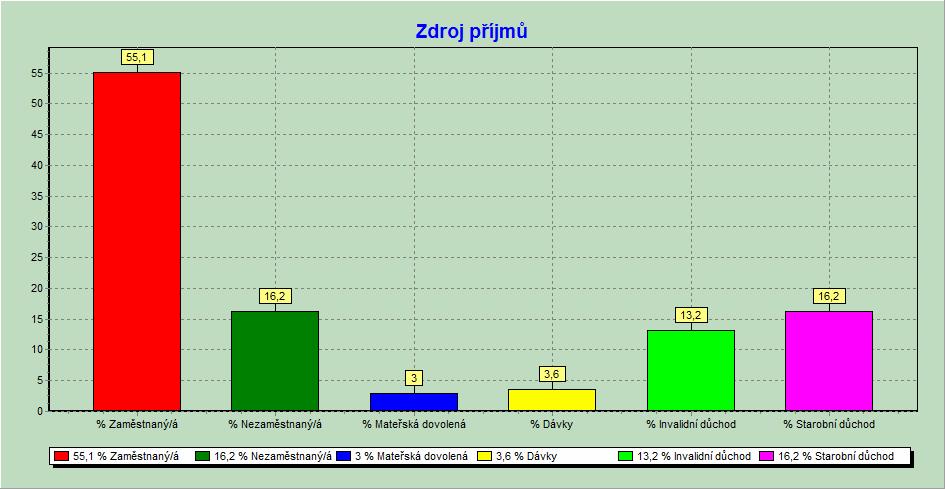 Pří hledání příčiny nízkých příjmů uživatelů služby napoví struktura zdrojů jejich příjmů. Jen 55,1% má příjem ze zaměstnání. Naopak 16,2% je bez zaměstnání a pobírá podporu v nezaměstnanosti.