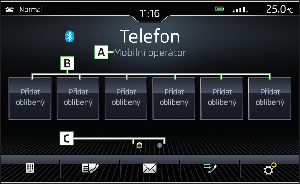 Rádio Hlavní nabídka Telefon Uložení oblíbené stanice Stiskněte tlačítko RADIO (na infotainmentu Columbus