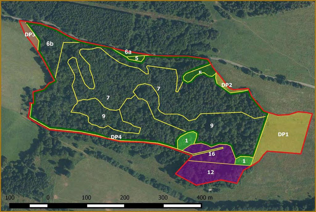 Příloha M3-b: Mapa navržených zásahů a opatření v lesních porostech a na nelesních pozemcích Legenda: hranice PR 7 16 hranice a označení dílčí plochy prořezávka probírka