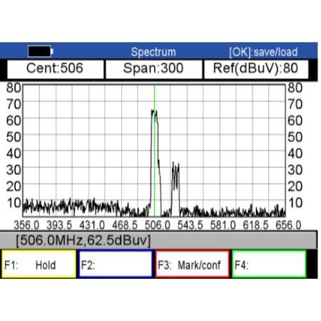 Pokud zvolíte možnost Načítání, musíte načíst "spektrum_file_001.txt" ve vašem USB, a pak vidíte dříve uložená data spektra. Hold: Stiskněte tlačítko F1 pro udržení spektra.