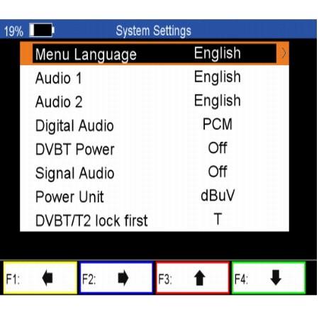 4.6.1 Nastavení systému Hlavní nabídka-> Nastavení-> Nastavení systému V tomto menu můžete nastavit všechna nastavení systému stssnuum tlačítsa /. Jazyk Menu: Nastavte jazyk nabídky.