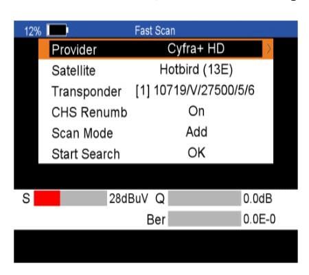 Blind Search: Můžete stisknout tlačítko F1 pro získání více transpondérů tohoto satelitu. Satelitní vyhledávání: Tlačítkem F2 vyhledejte všechny transpondéry tohoto satelitu.