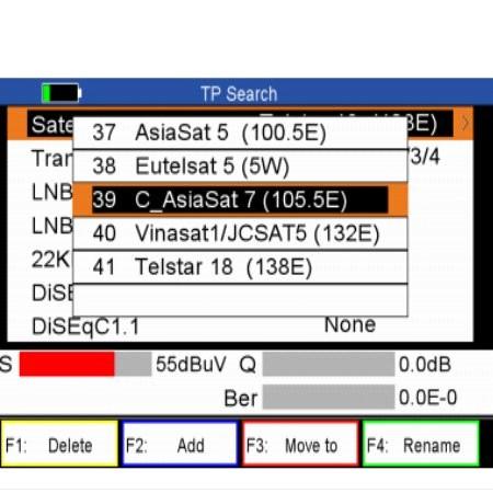 Smazat: Pokud zvýrazníte Satelit, stiskněte tlačítko F1 - odstranění družice. Pokud zvýrazníte transpondér, stisknutím tlačítka F vymažte transpondér.