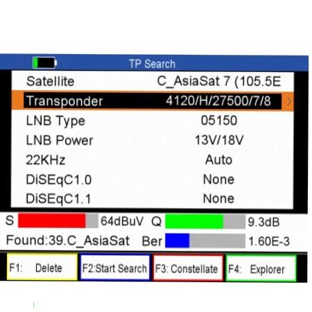 - Explorer: Stisknutím tlačítka F4 prozkoumejte info o signálu. Satelit: Stisknutím tlačítka / vyberte satelit nebo tlačítkem OK zadejte seznam satelitů a poté vyberte družice.