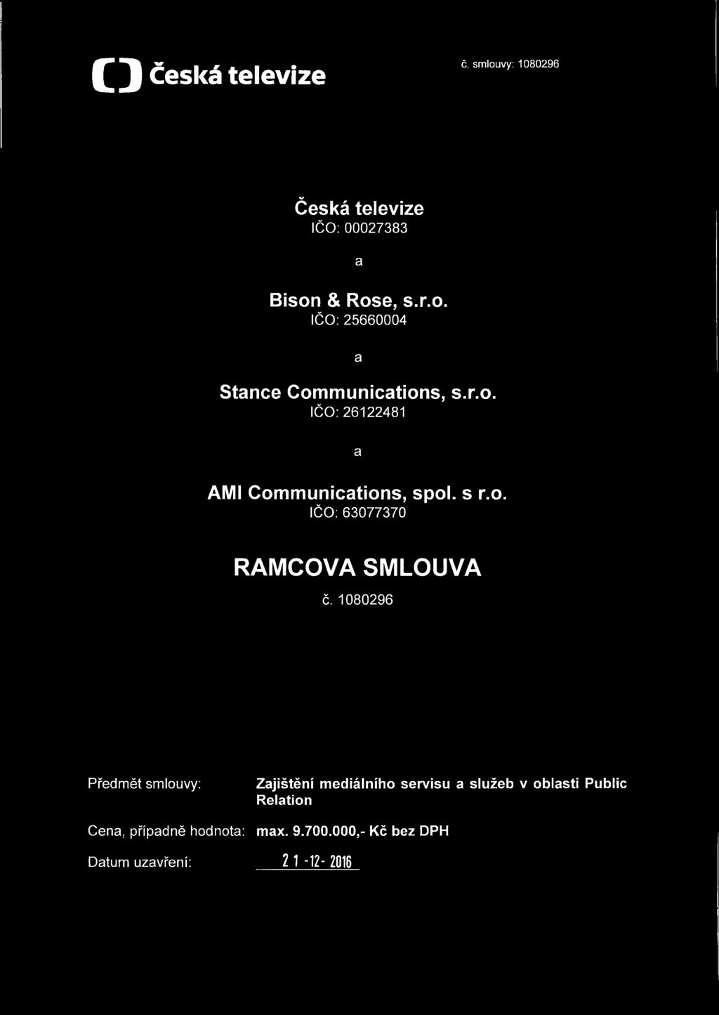 1080296 Předmět smlouvy: Cena, případně hodnota: Datum uzavření: Zajištění mediálního servisu a