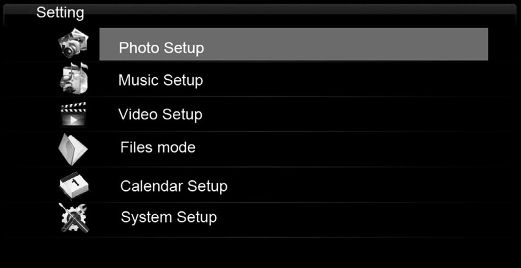 6 Setting Select the Setting icon to setup your frame. (Exhibit 11).